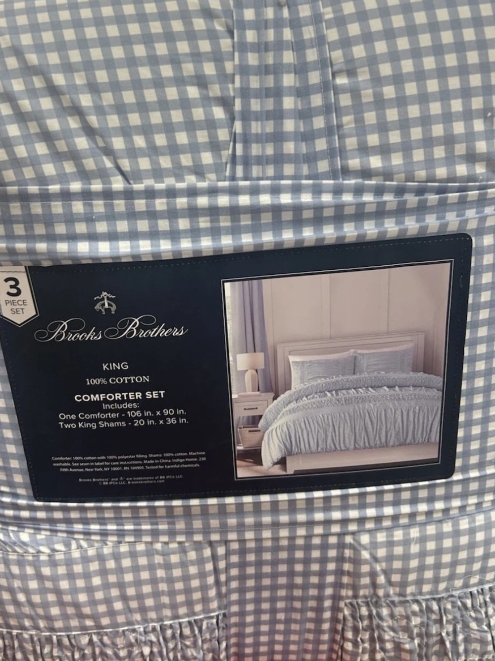 Brooks Brothers Blue and White Checkered King Cotton Comforter Set 106”x90”